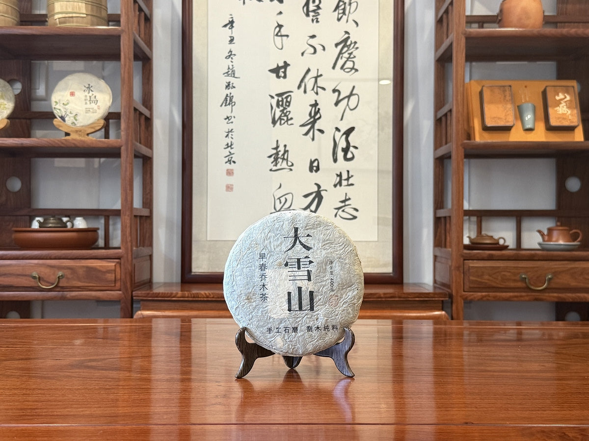 2008 Big Snow Mountain Aged Raw Pu-erh Tea Cake in Traditional Tea House