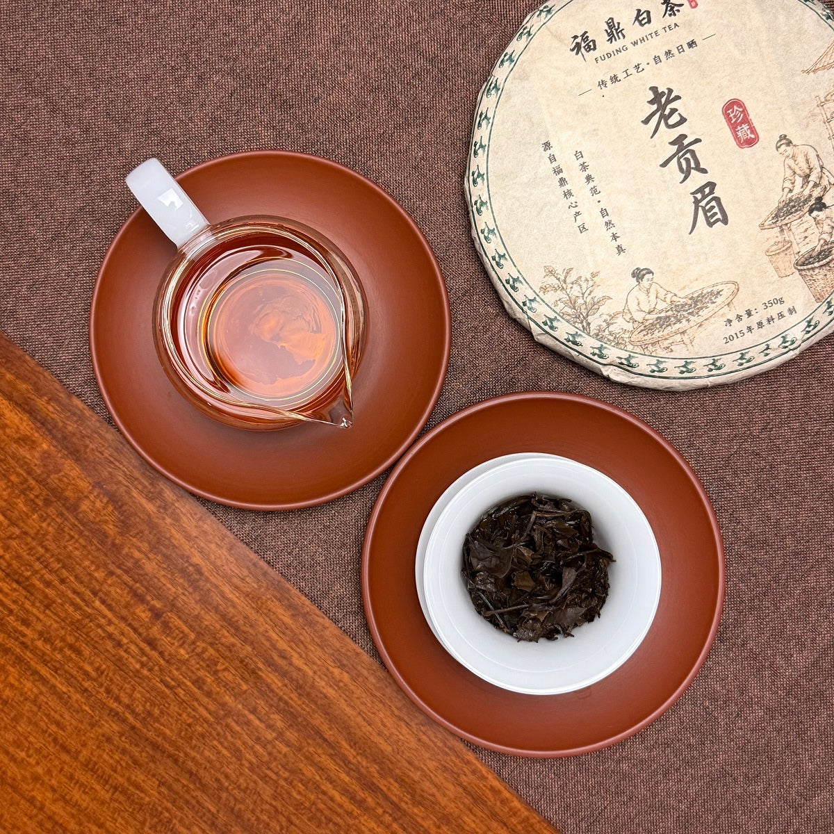 Brewed leaves of 2015 Fuding Gong Mei White Tea Cake (Tribute Eyebrow) showing aged white tea characteristics