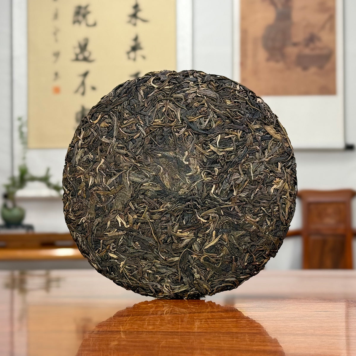 2016 He Kai Raw Pu-erh Tea Cake close-up of Yunnan tea leaves with natural texture and aged Pu-erh character