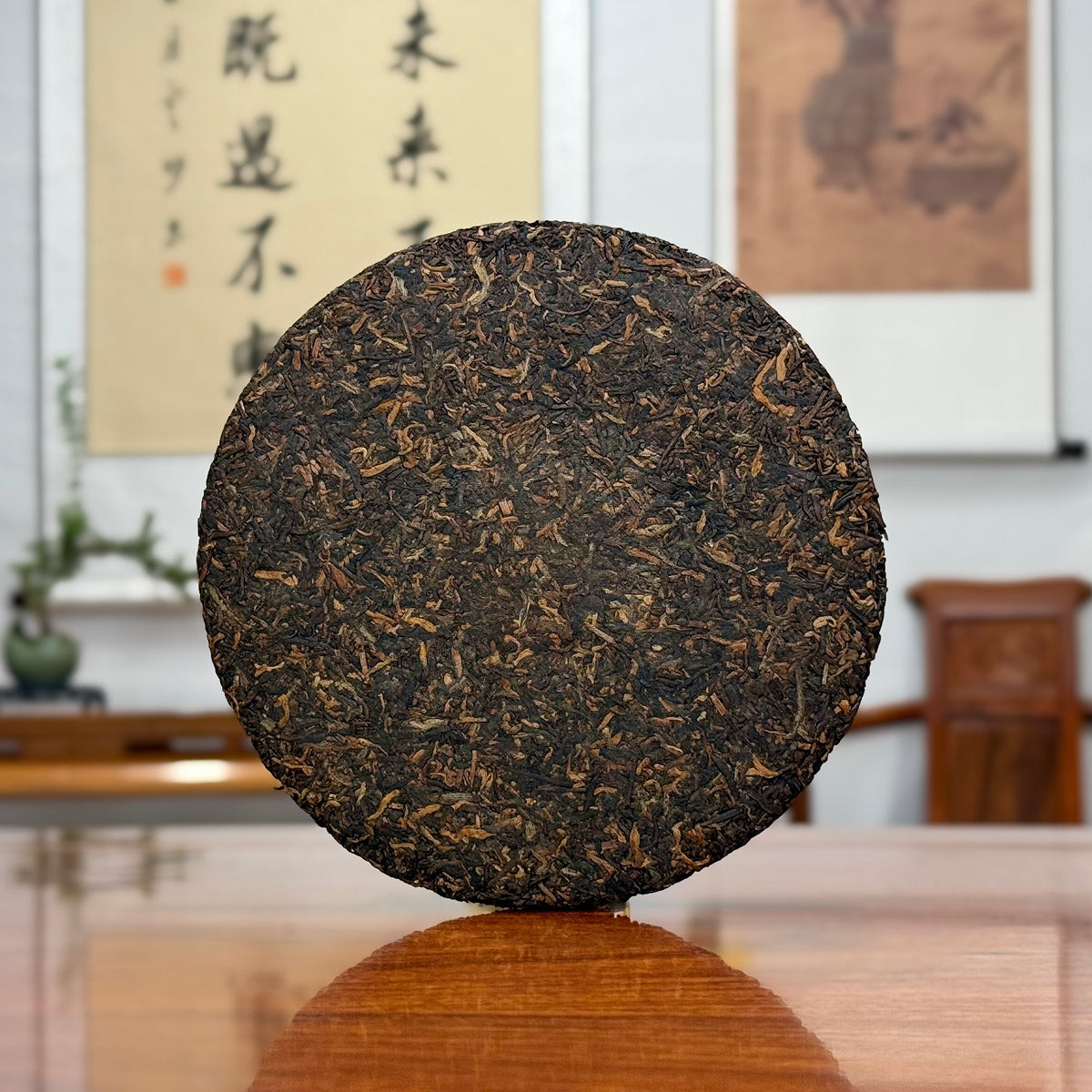 2017 Special-Grade Ripe Pu-erh Tea Cake revealing the natural appearance of aged tea leaves