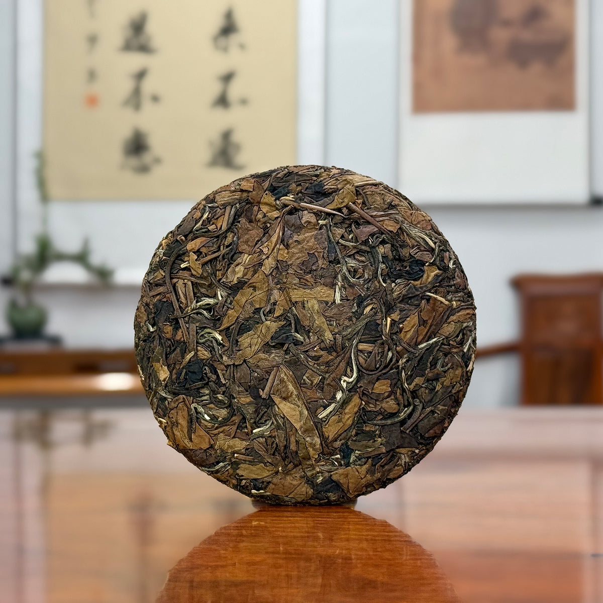 2019 Fujian Aged White Tea Cake close-up showing Fuding white tea leaf texture
