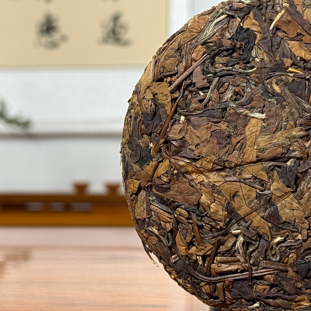 2019 Fujian Aged White Tea Cake showing detailed aged white tea leaves texture