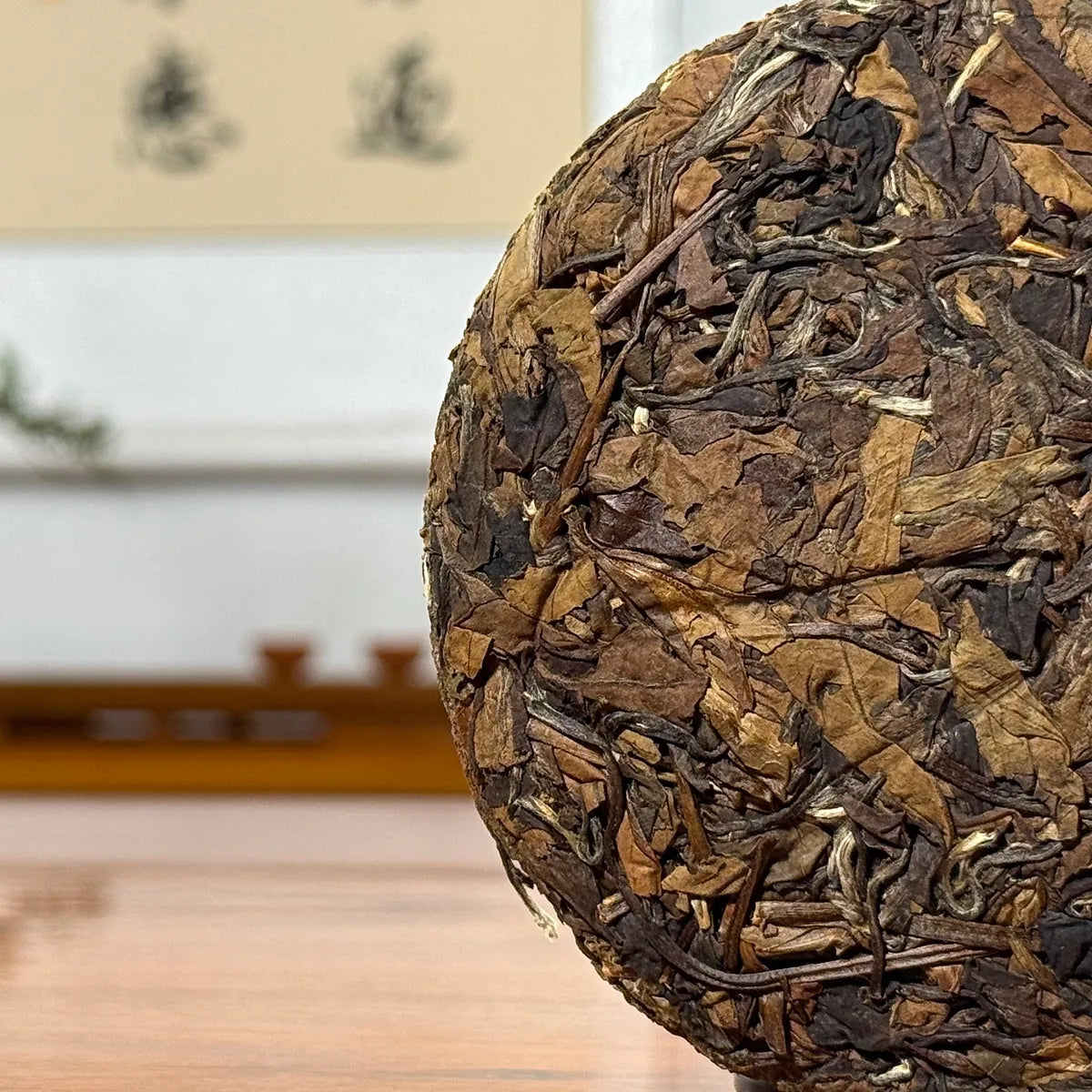 2019 Fujian Aged White Tea Cake showing detailed aged white tea leaves texture