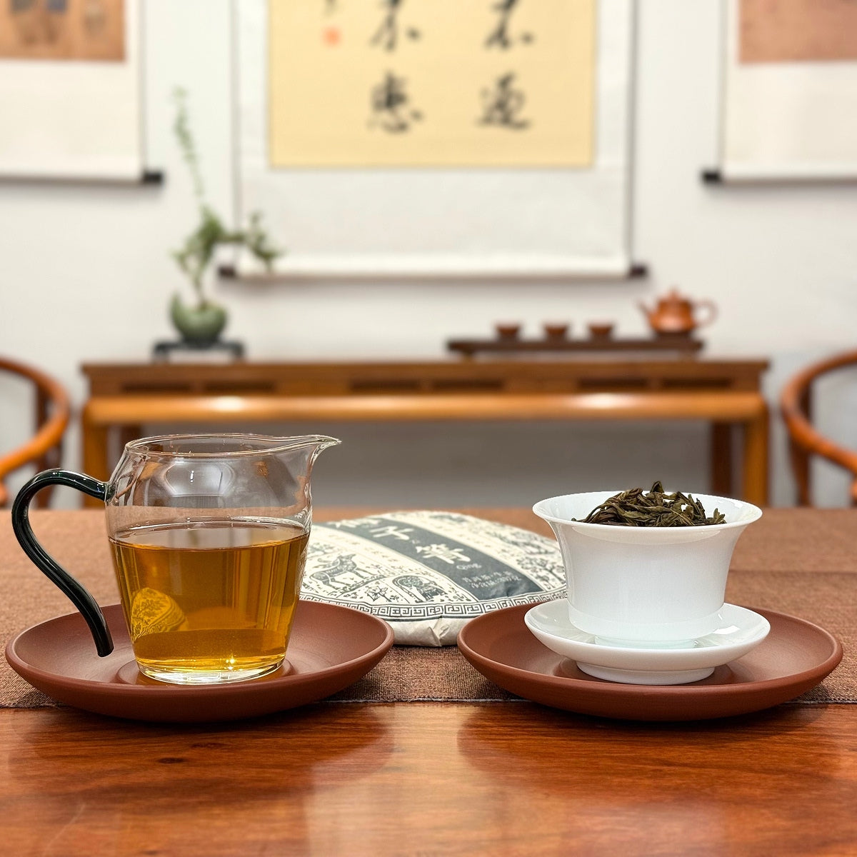 2024 Mei Zi Qing Raw Pu-erh Tea Cake displayed with brewed tea liquor
