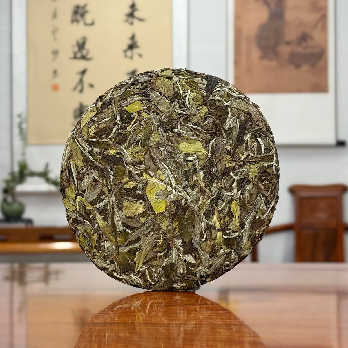 Close-up of 2025 Bai Mu Dan White Tea Cake highlighting the delicate texture of the tea leaves.