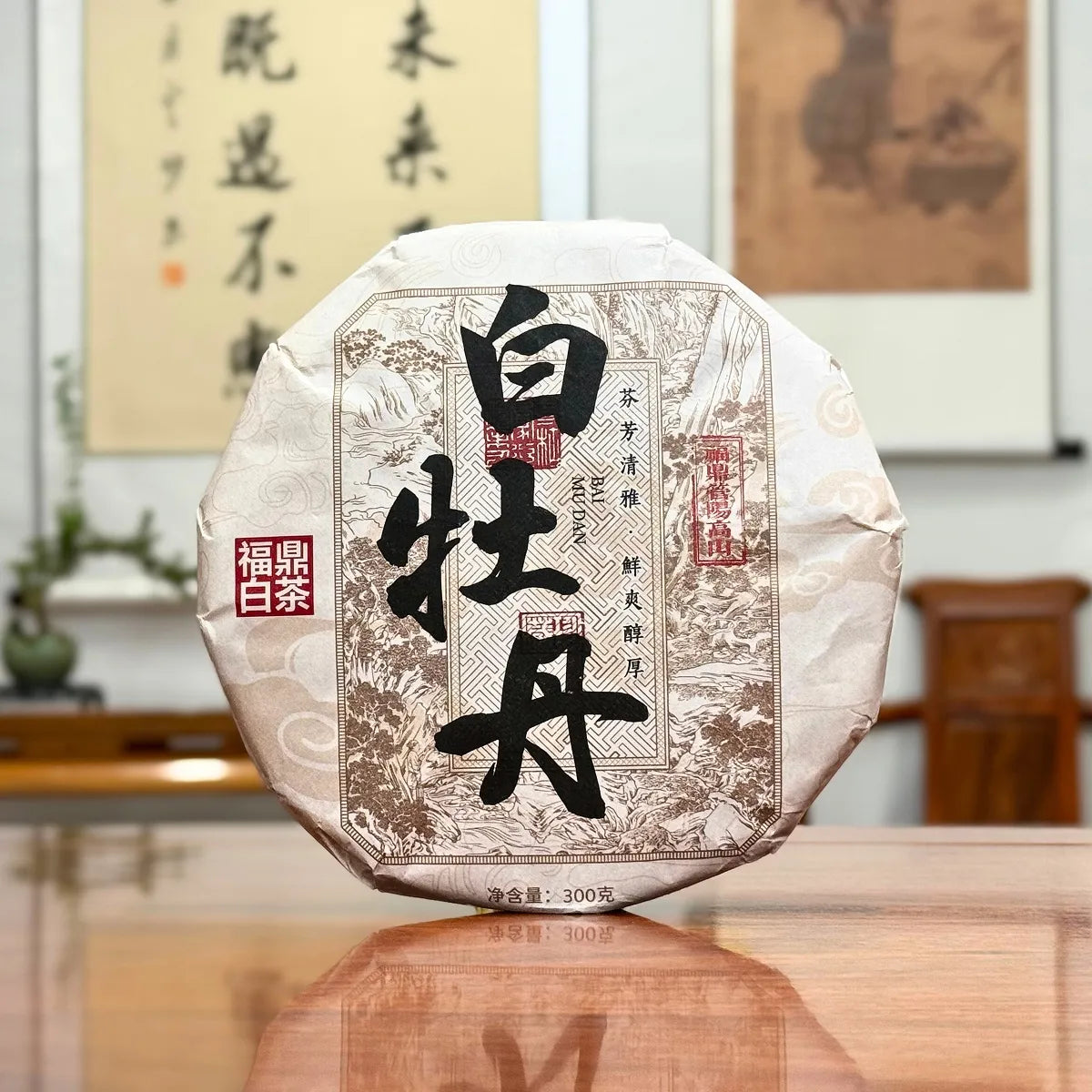 2025 Bai Mu Dan White Tea Cake on display at our traditional Chinese tea store.