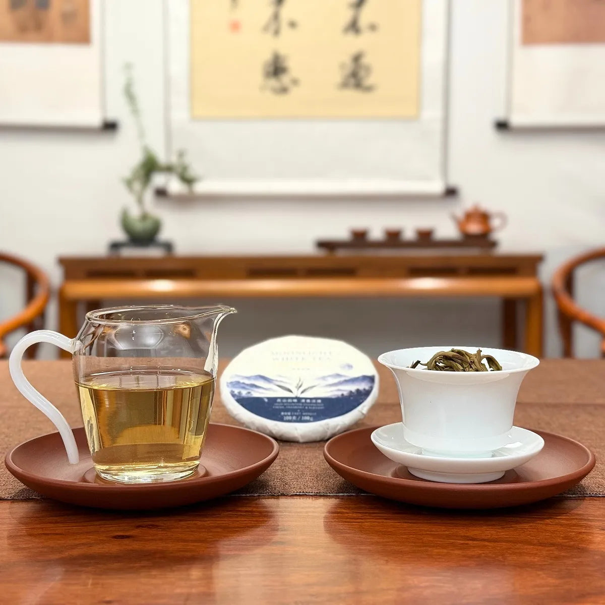 2026 Yunnan Yue Guang Bai White Tea Cake (Moonlight White) with brewed tea liquor on a traditional tea table