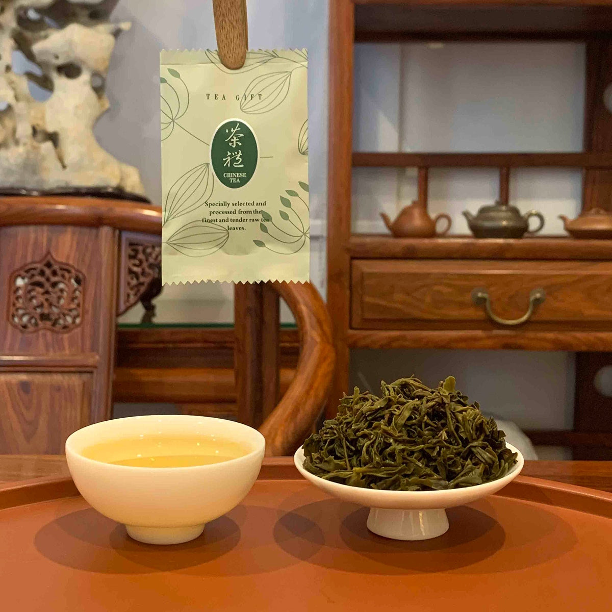 AAA Grade Chinese Green Tea Bags Brewed Leaves and Tea Liquor Display