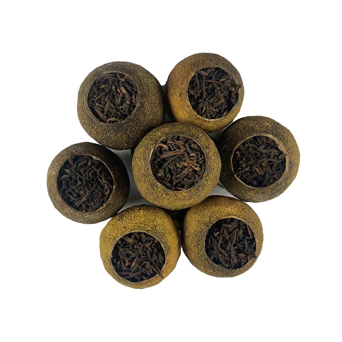 Close-up of dry leaves of Aged Tangerine Pu-erh Tea Sample – 2021