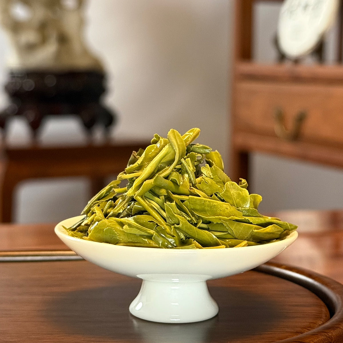 Anji Bai Cha Green Tea (Anji White Tea) brewed leaves, premium Chinese tea
