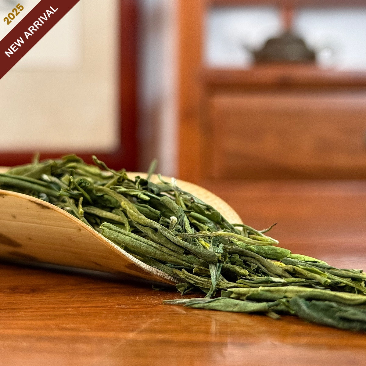 Anji Bai Cha Green Tea (Anji White Tea) dry leaves detail shot from top Chinese tea online store