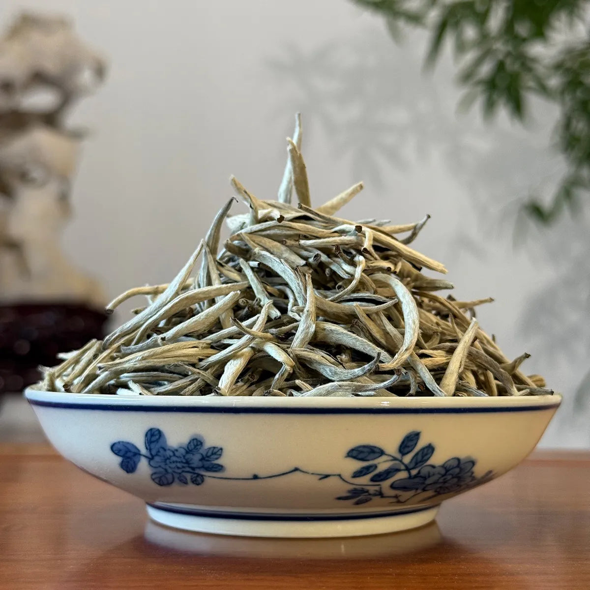 Close-up of Chinese Bai Hao Yin Zhen (Silver Needle) white tea leaves