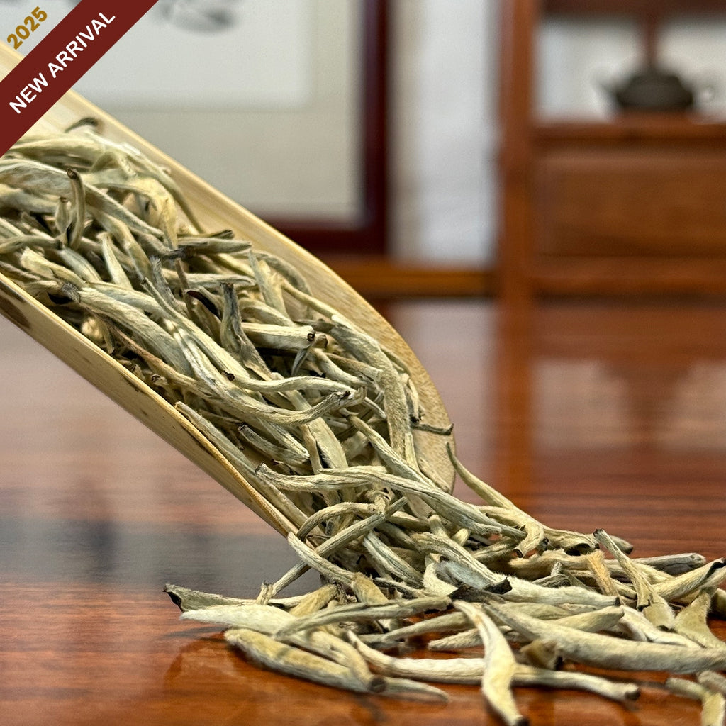 Bai Hao Yin Zhen White Tea (Silver Needle) dry leaves from premium Fuding Fujian Chinese white tea