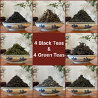 Eight varieties of dry loose leaf black and green Chinese teas arranged in a tasting sampler display