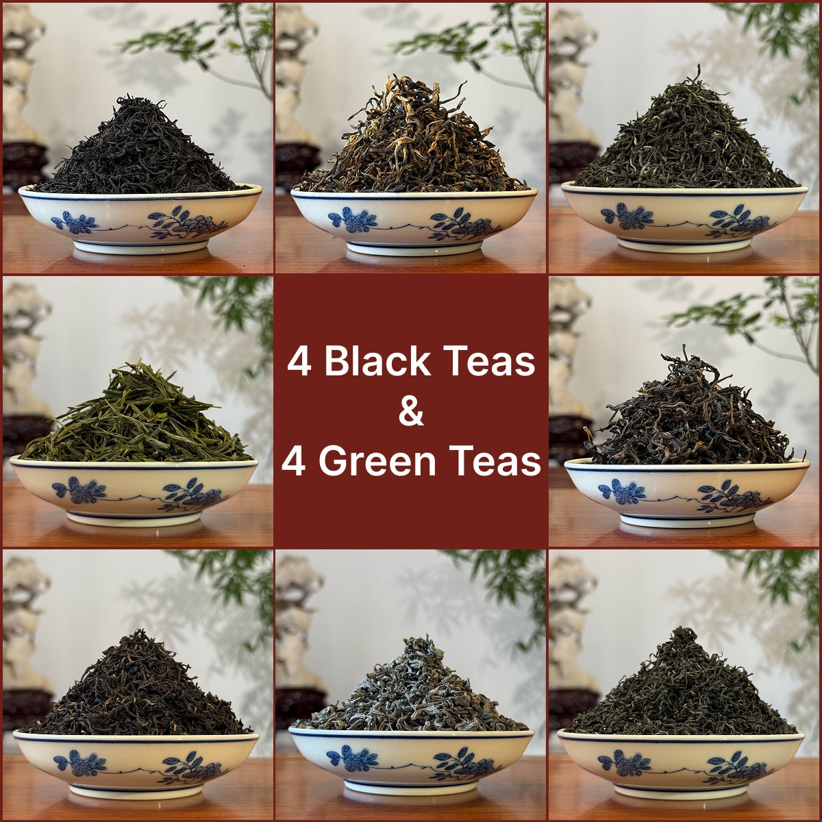 Eight varieties of dry loose leaf black and green Chinese teas arranged in a tasting sampler display