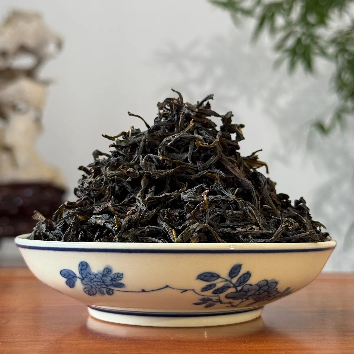Close-up of Phoenix Dan Cong Oolong Tea Da Wu Ye (Big Dark Leaf) sample
