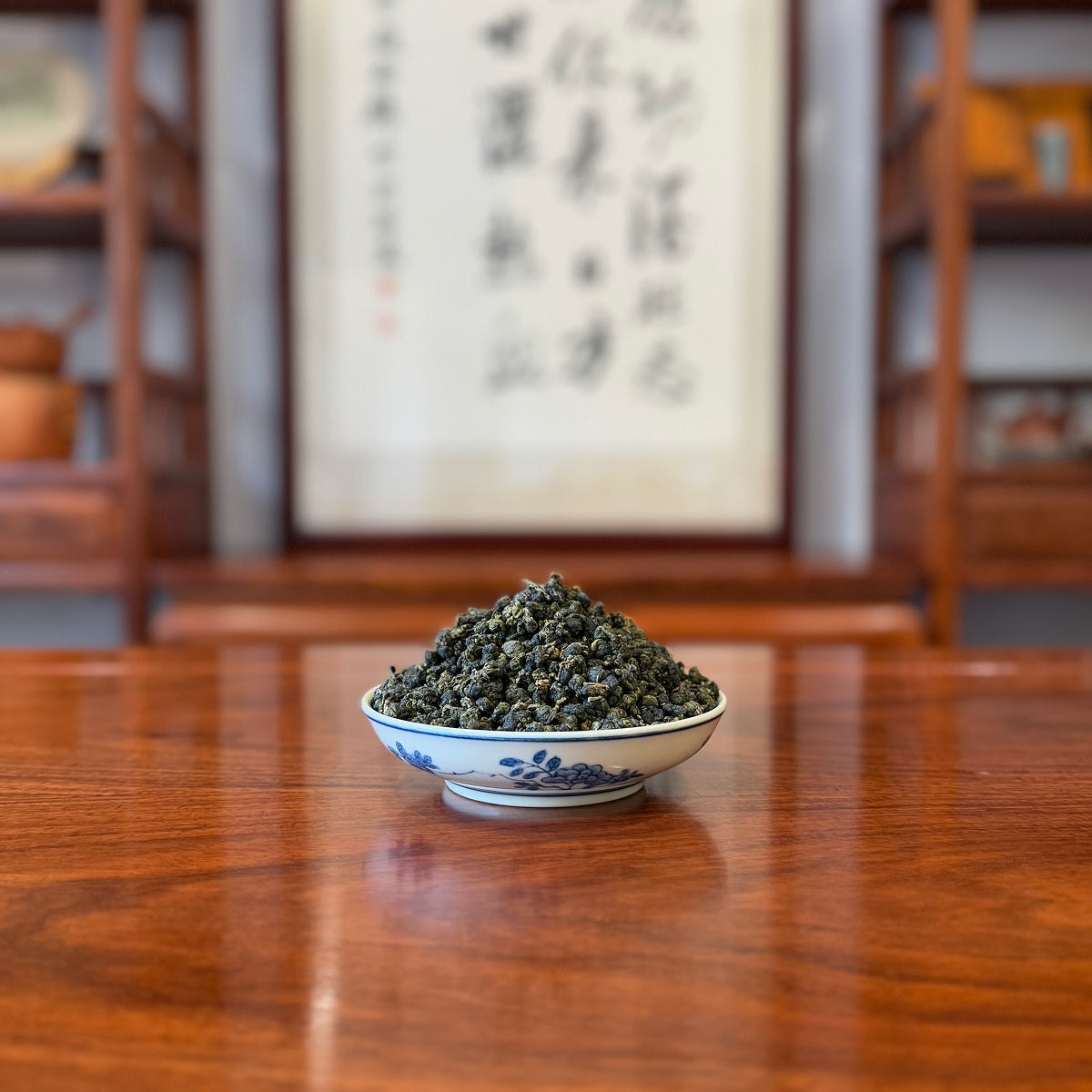 Fujian Oolong Tea (Taiwanese variety) displayed at a traditional tea house at origin