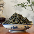 Close-up of Fujian High Mountain Oolong Tea Sample (Taiwanese variety) dry leaves
