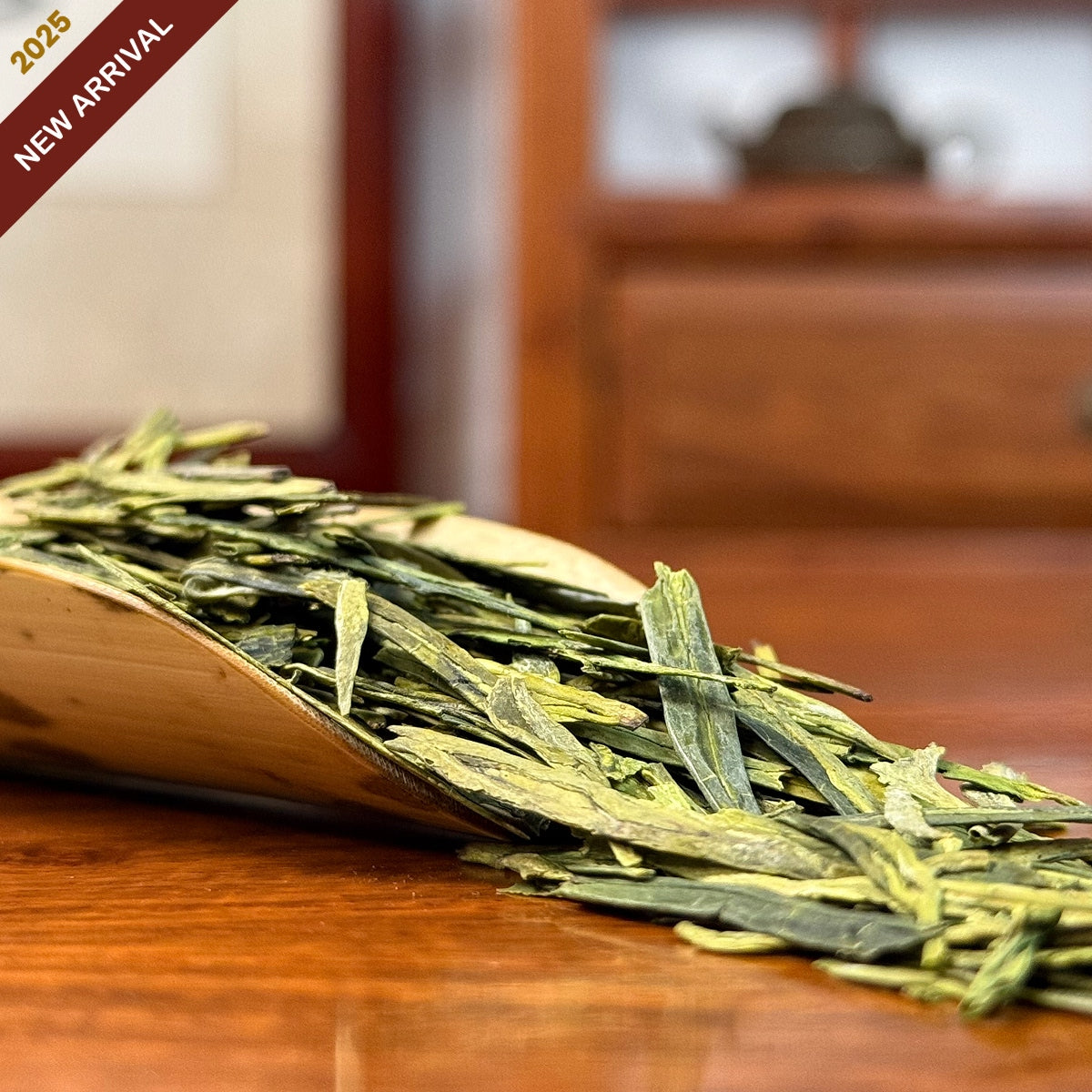 Long Jing Green Tea (Dragon Well) dry leaves close-up shot in Chinese Tea Group tea house