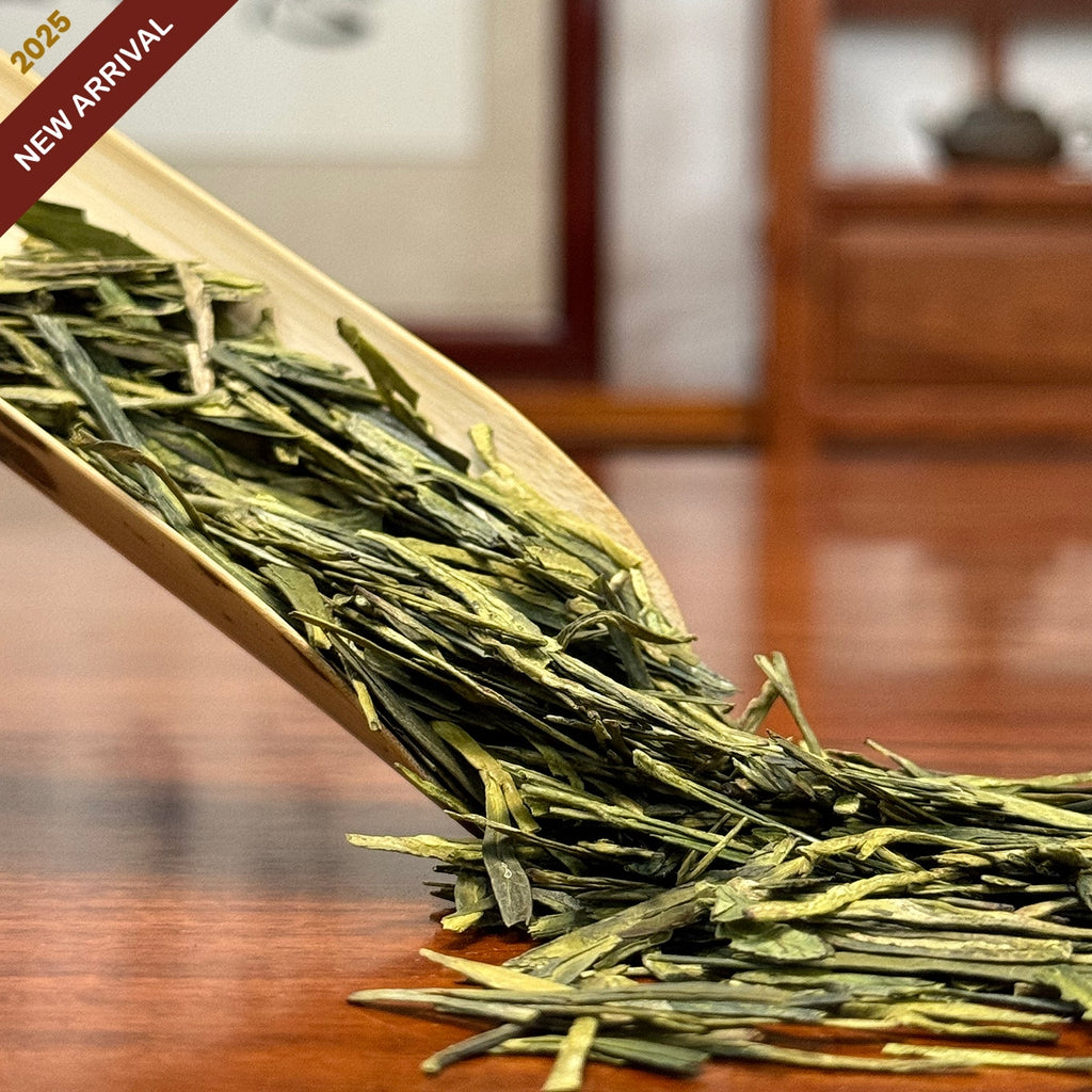 Long Jing Green Tea (Dragon Well) dry leaves from authentic West Lake Chinese tea origin