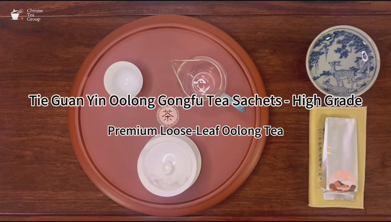 Gongfu brewing of Tie Guan Yin Oolong Tea Sachets – High-Grade, showing traditional tea steps and aroma