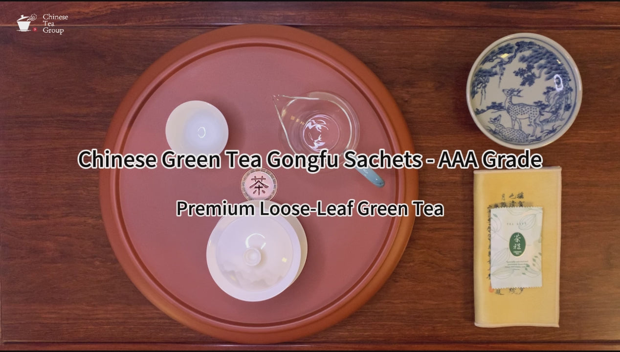 Gongfu brewing of Chinese Green Tea Sachets – AAA Grade, showing traditional tea steps and aroma