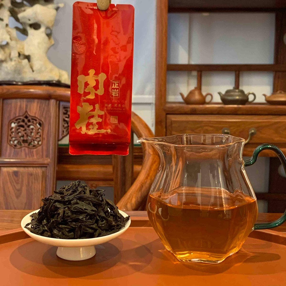 Brewing Gongfu Tea Sachets Rou Gui Rock Oolong in our traditional tea house, revealing rich mineral notes