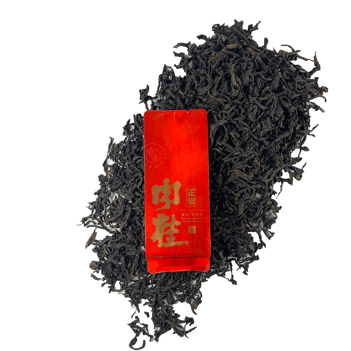 Dry loose leaves with packaging of Gongfu Tea Sachets Rou Gui Rock Oolong, showing premium quality
