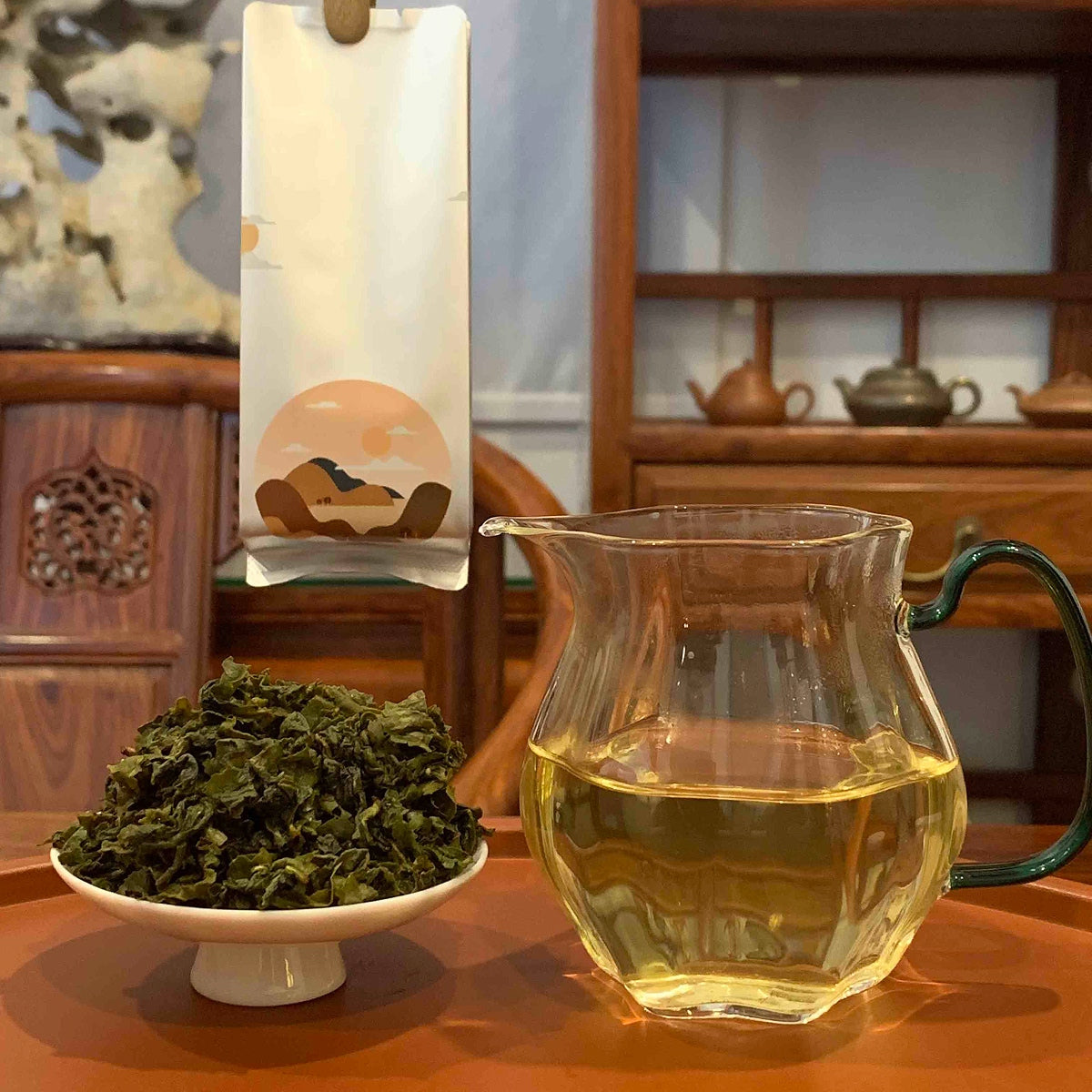Brewing Tie Guan Yin Oolong Gongfu Tea Sachets in a traditional Chinese tea house, displaying rich amber tea liquor