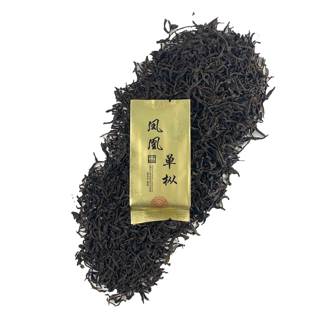 Dry loose leaves with packaging of Dan Cong Oolong Gongfu Tea Sachets, showing premium quality