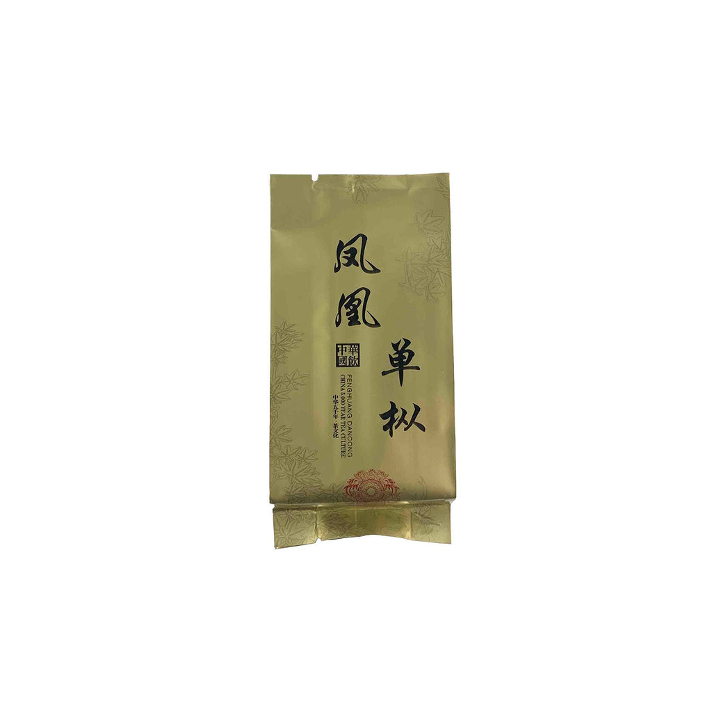 Close-up of individual tea bag packaging of Dan Cong Oolong Gongfu Tea Sachets, emphasizing fine design