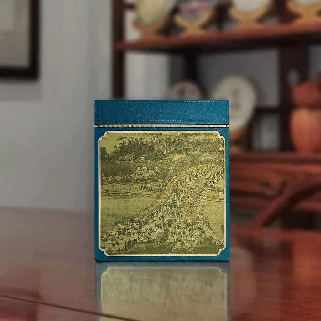 Yunnan Loose Leaf Raw Pu-erh Tea Gift Box – 2017 Aged showing bustling ancient bridge scene
